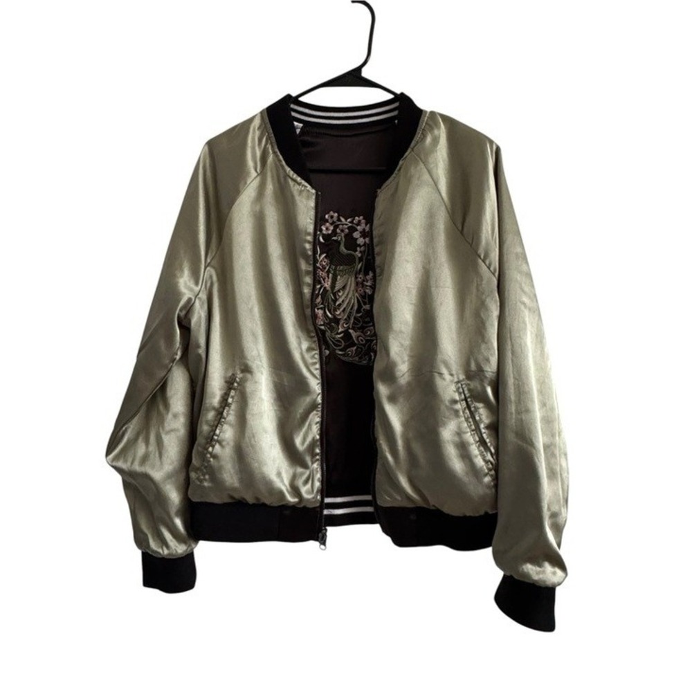 Full Tilt Reversible Satin Bomber Jacket Peacock Floral Embroidery Size Small - Picture 4 of 14